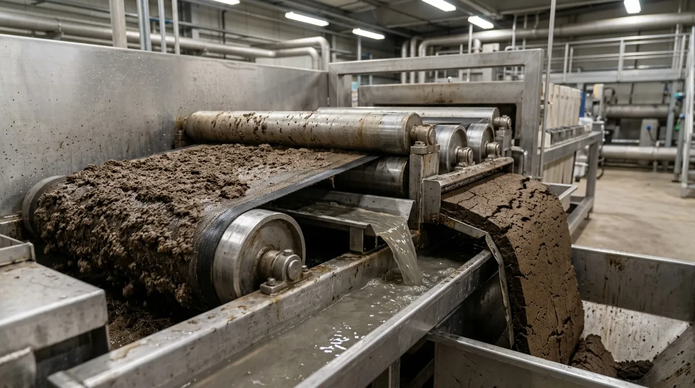 Sludge flocs undergoing mechanical dewatering with separated liquid and solids