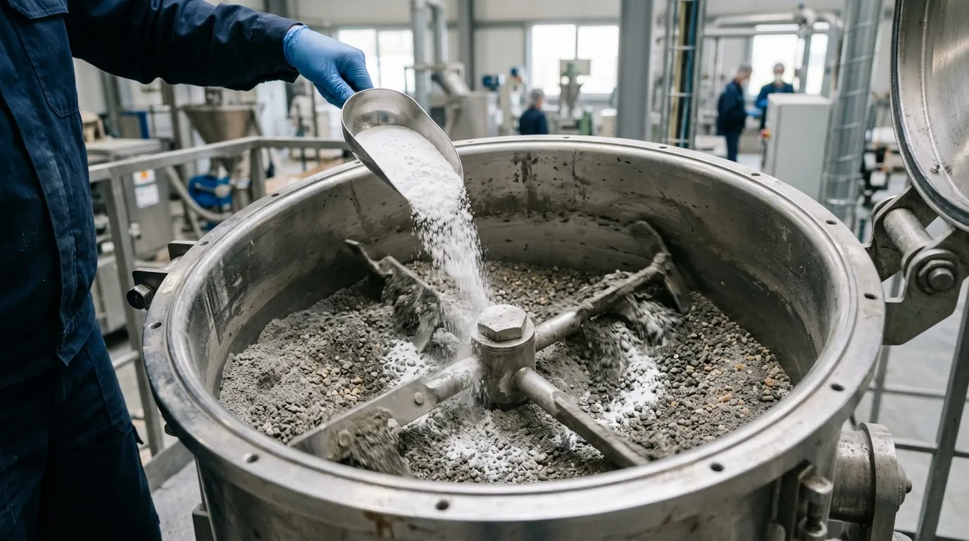 Calcium formate powder being incorporated into a dry cement-based repair mortar blend