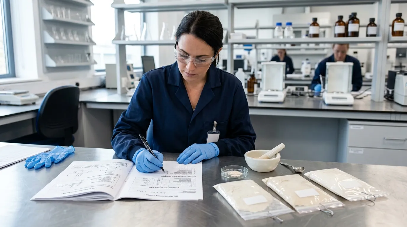 Technician reviewing generic technical documents beside sealed powder samples and a mortar specimen