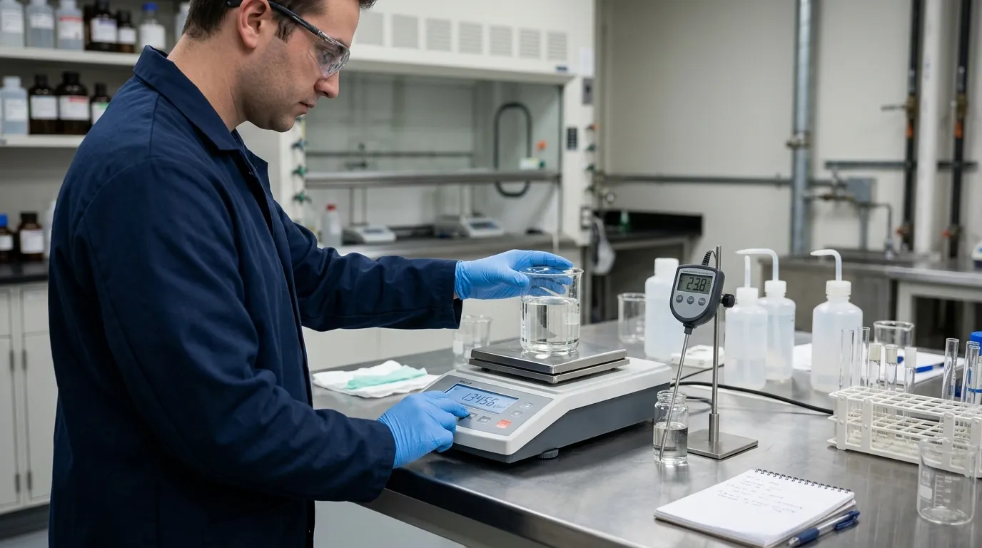 Technician measuring potassium formate brine density while monitoring sample temperature