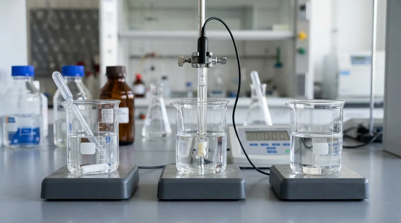 Unbranded vessels representing the acetic acid and acetate components beside a pH electrode