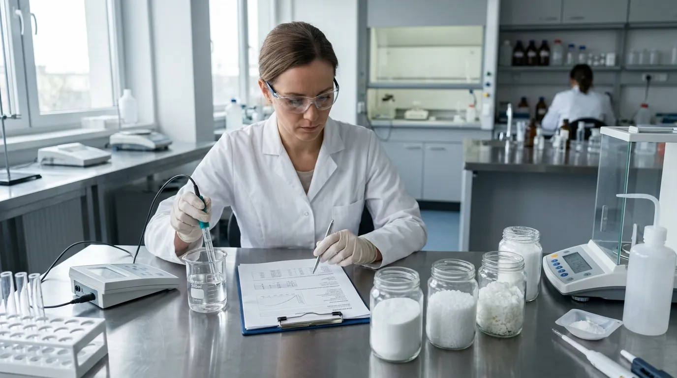 Technician checking a buffer sample with a pH electrode beside generic technical documents and sample containers