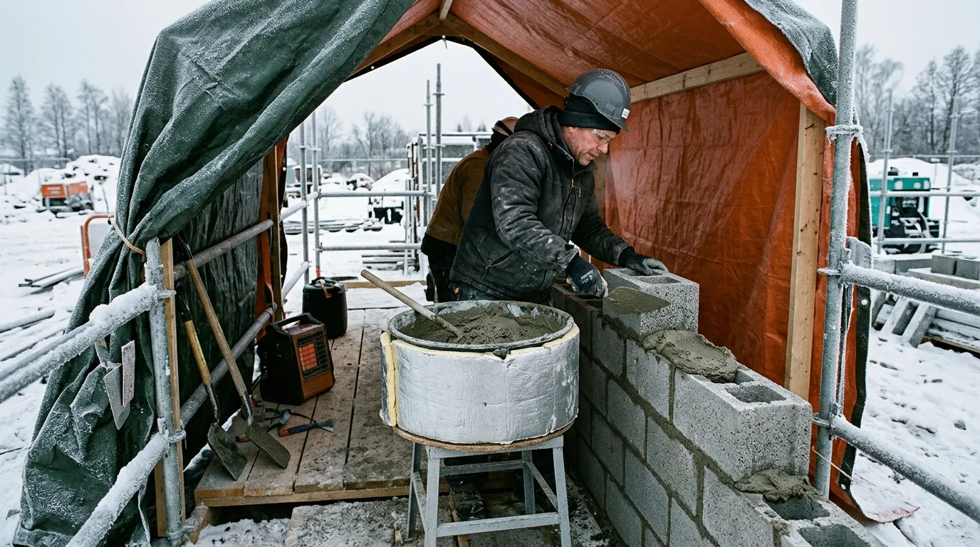 Sheltered mortar work area with insulation in a cold winter setting