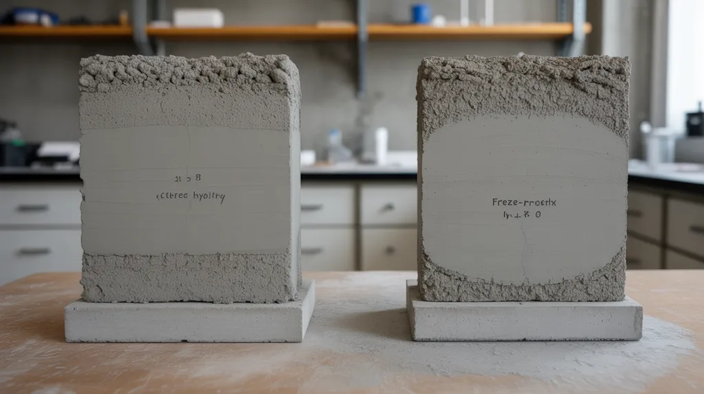 Side-by-side mortar specimens used to distinguish acceleration testing from freeze-protection evaluation