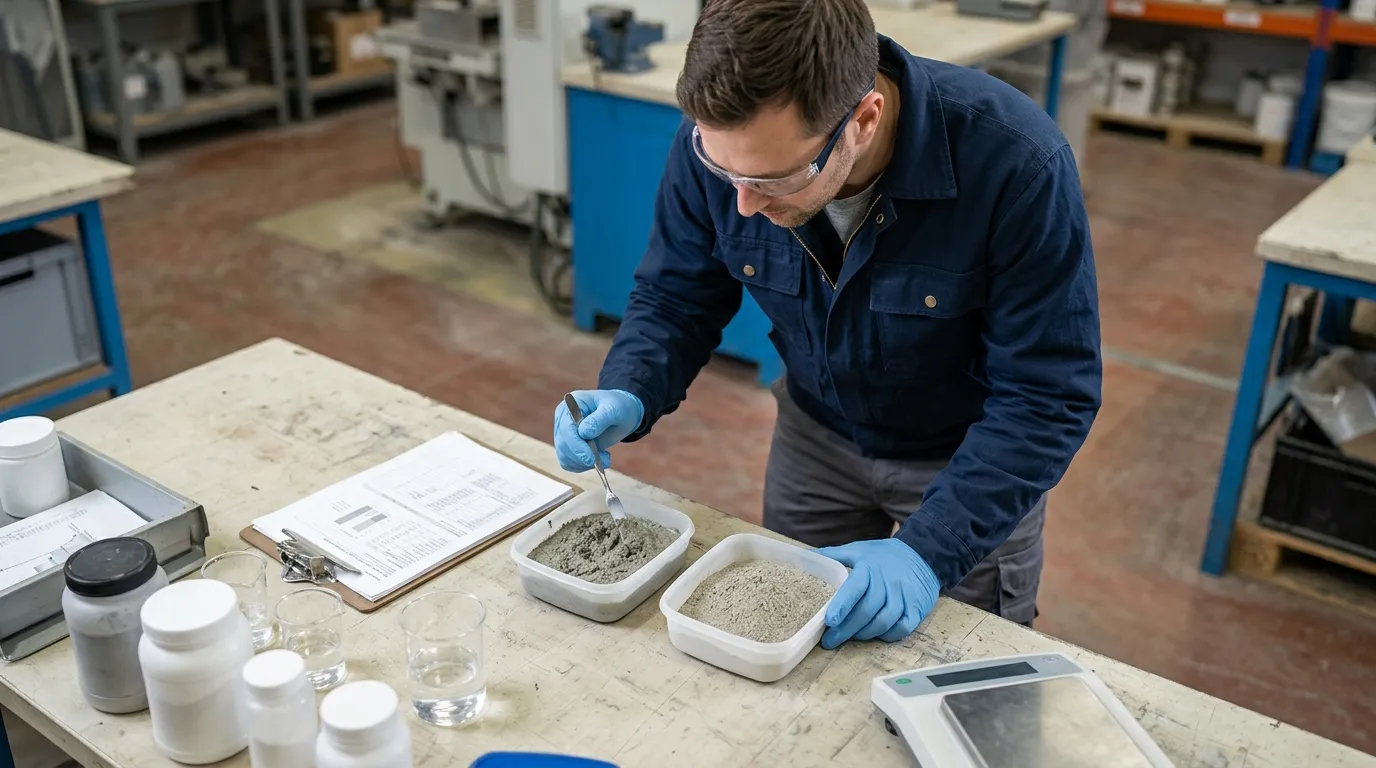 Technician comparing unmarked control and trial mortar samples during formulation testing