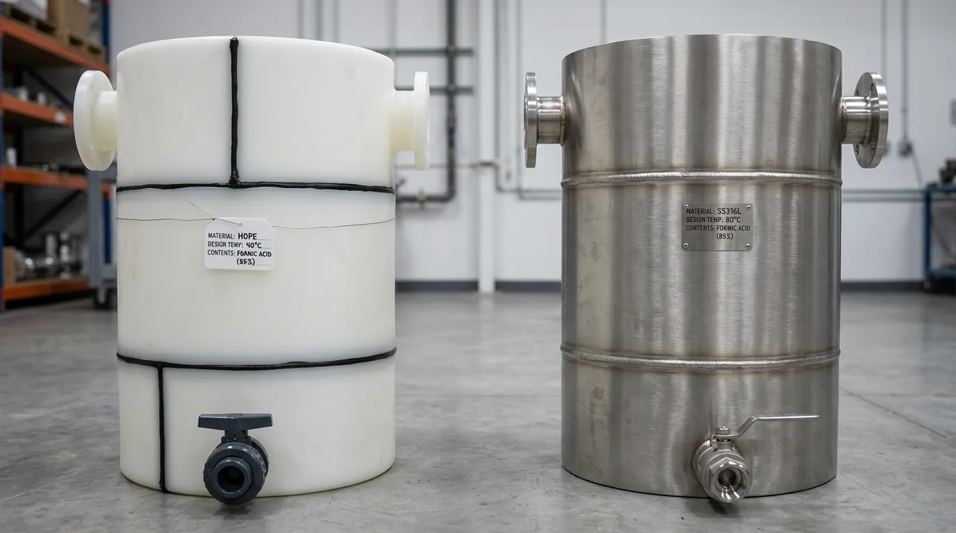Unbranded HDPE and stainless-steel tank sections shown side by side