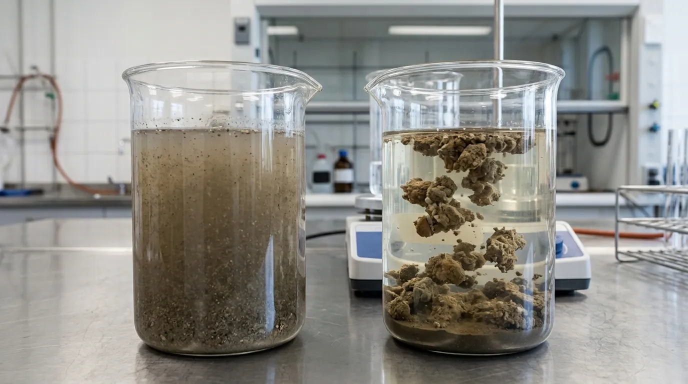 Fine tailings particles forming larger flocs in water
