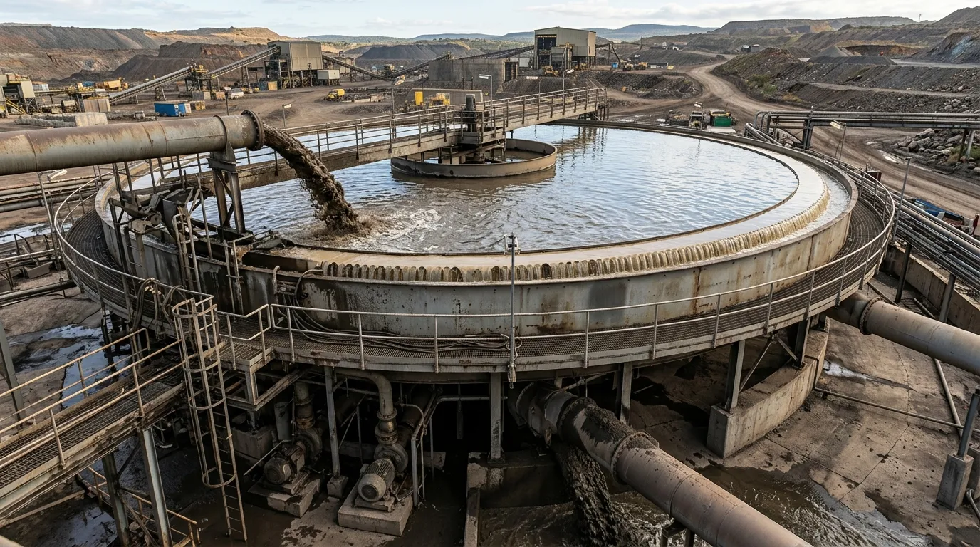 Thickener separating clarified overflow from concentrated tailings underflow