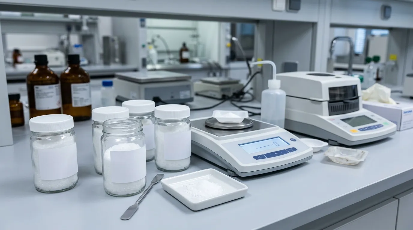 Unbranded sodium formate samples arranged for laboratory quality inspection