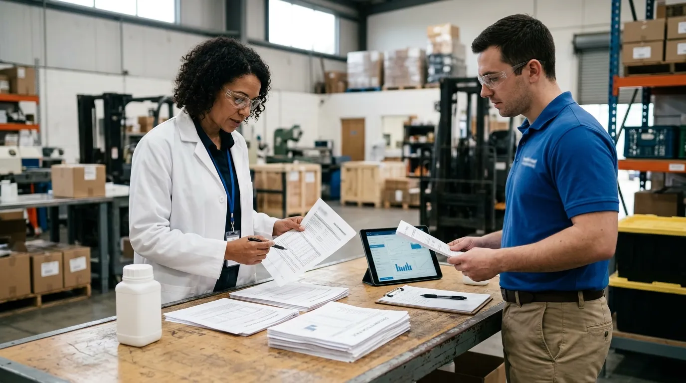 QA and procurement staff reviewing generic documents beside a sodium formate batch sample
