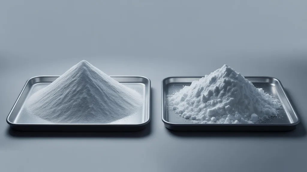 Side-by-side comparison of denser and lighter soda ash material forms