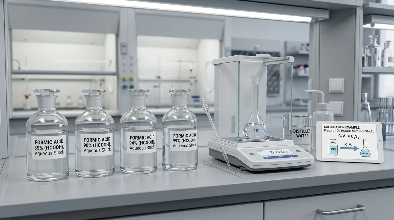 Non-branded liquid containers and measuring equipment illustrating formic acid dilution inputs