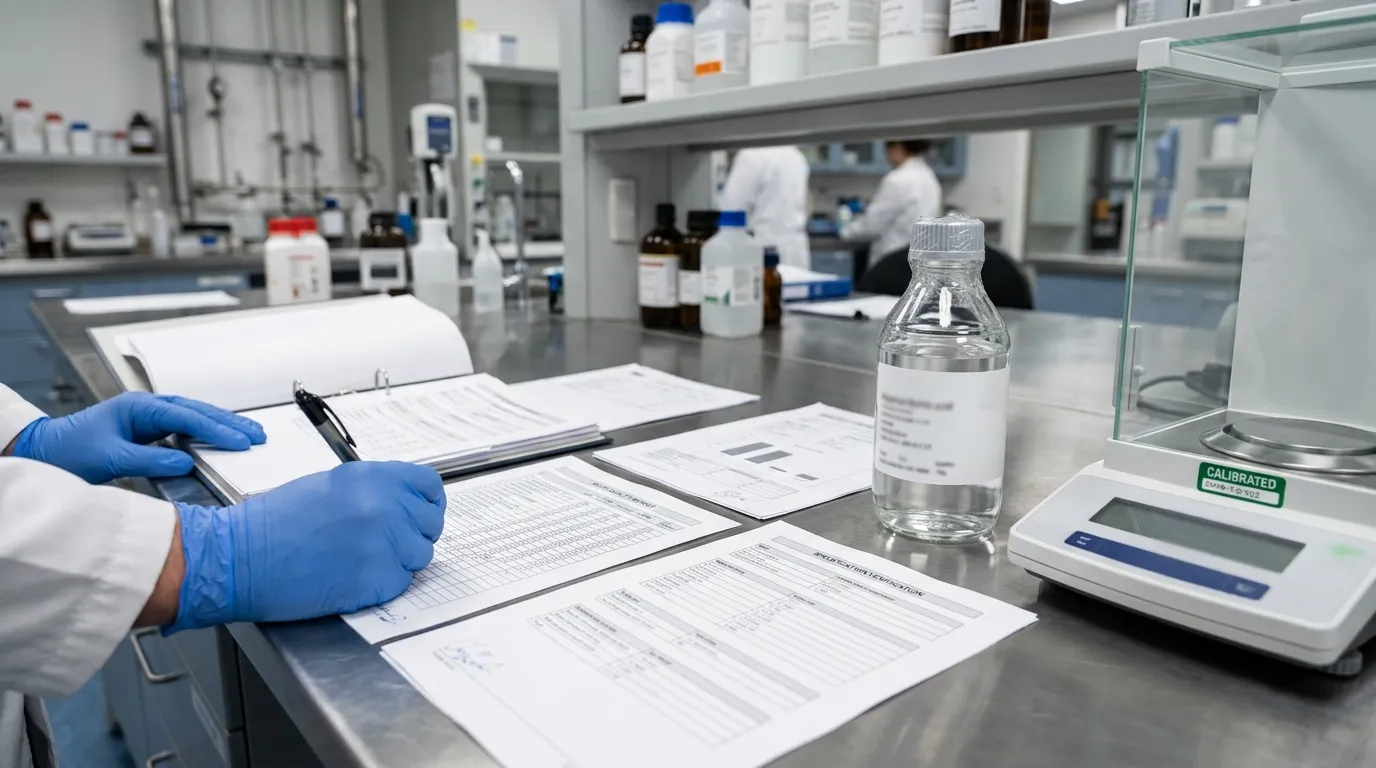 Quality-control review of generic technical documents beside a sealed chemical sample and laboratory balance