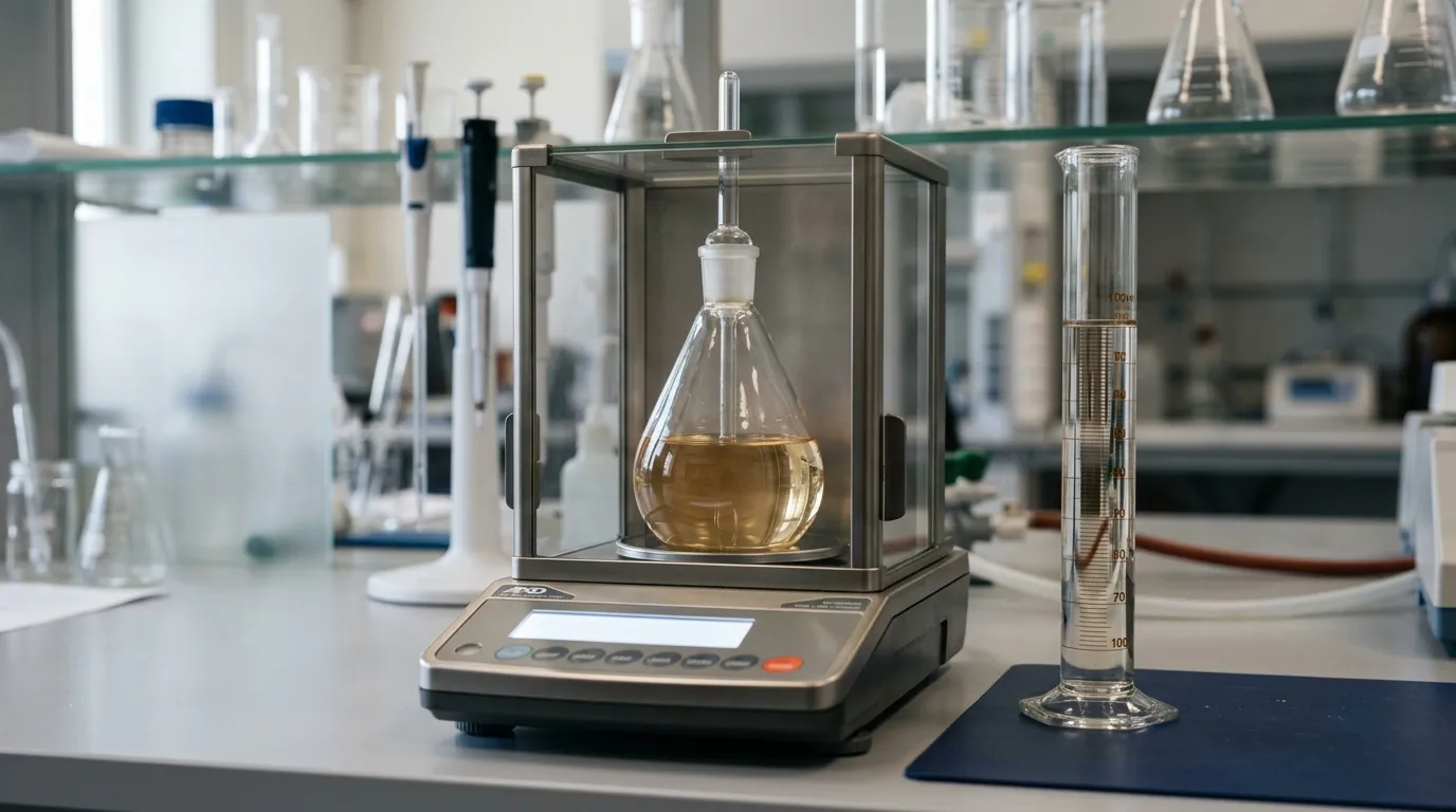 Clear potassium formate brine in a laboratory density vessel beside measurement equipment