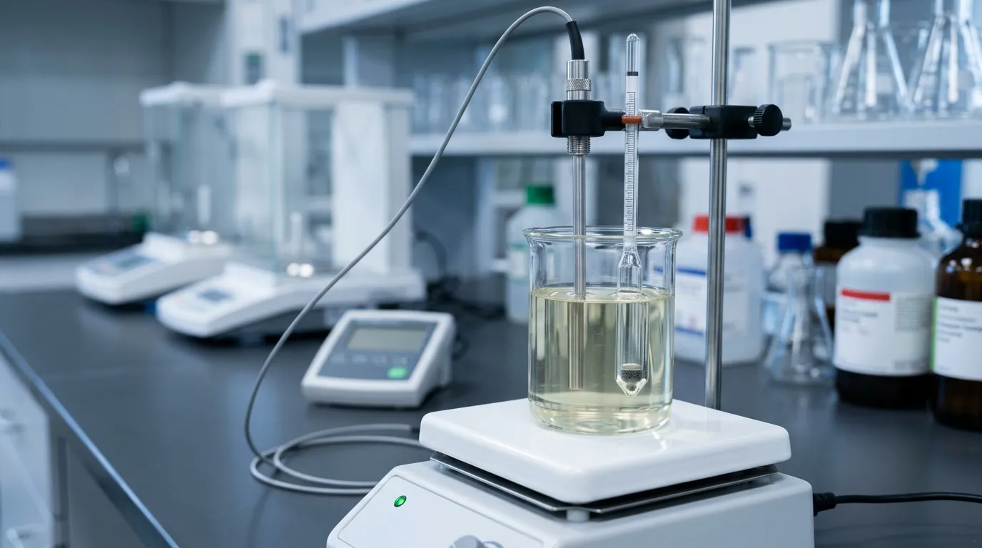 Brine density vessel with a temperature probe in a controlled laboratory setup