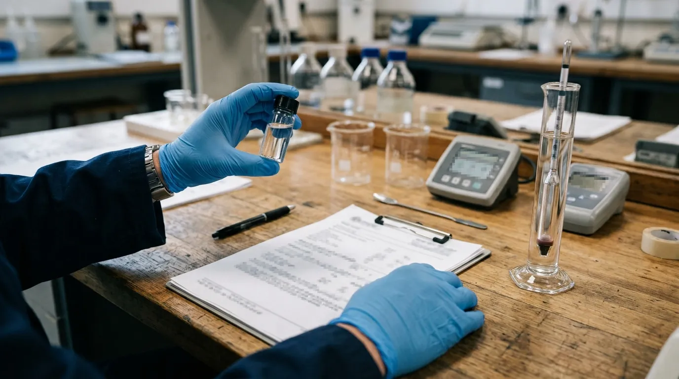Technician reviewing generic brine sample documentation beside laboratory density equipment