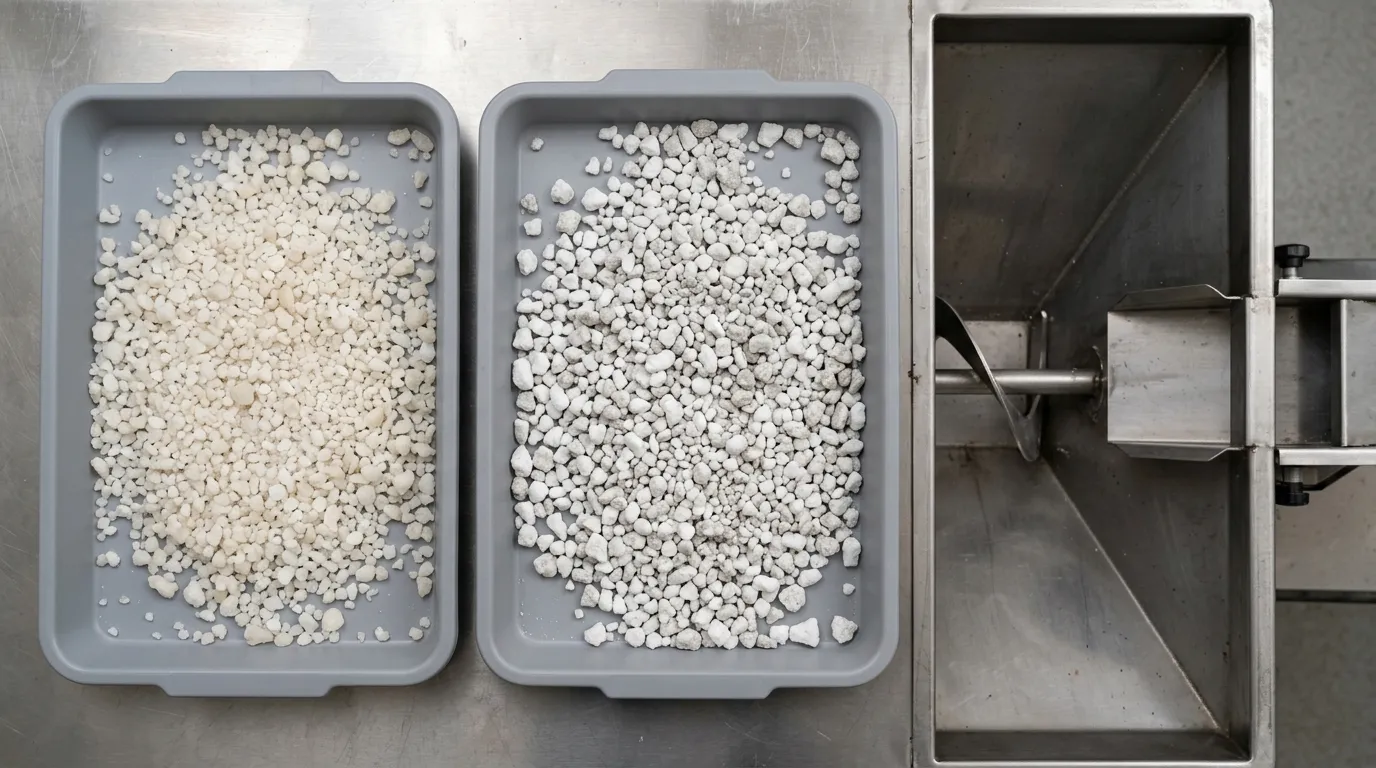 Two unbranded solid deicer samples arranged side by side for comparison