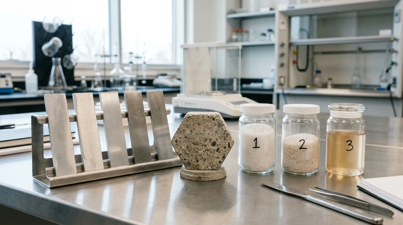 Metal coupons and a concrete fragment arranged for deicer compatibility evaluation