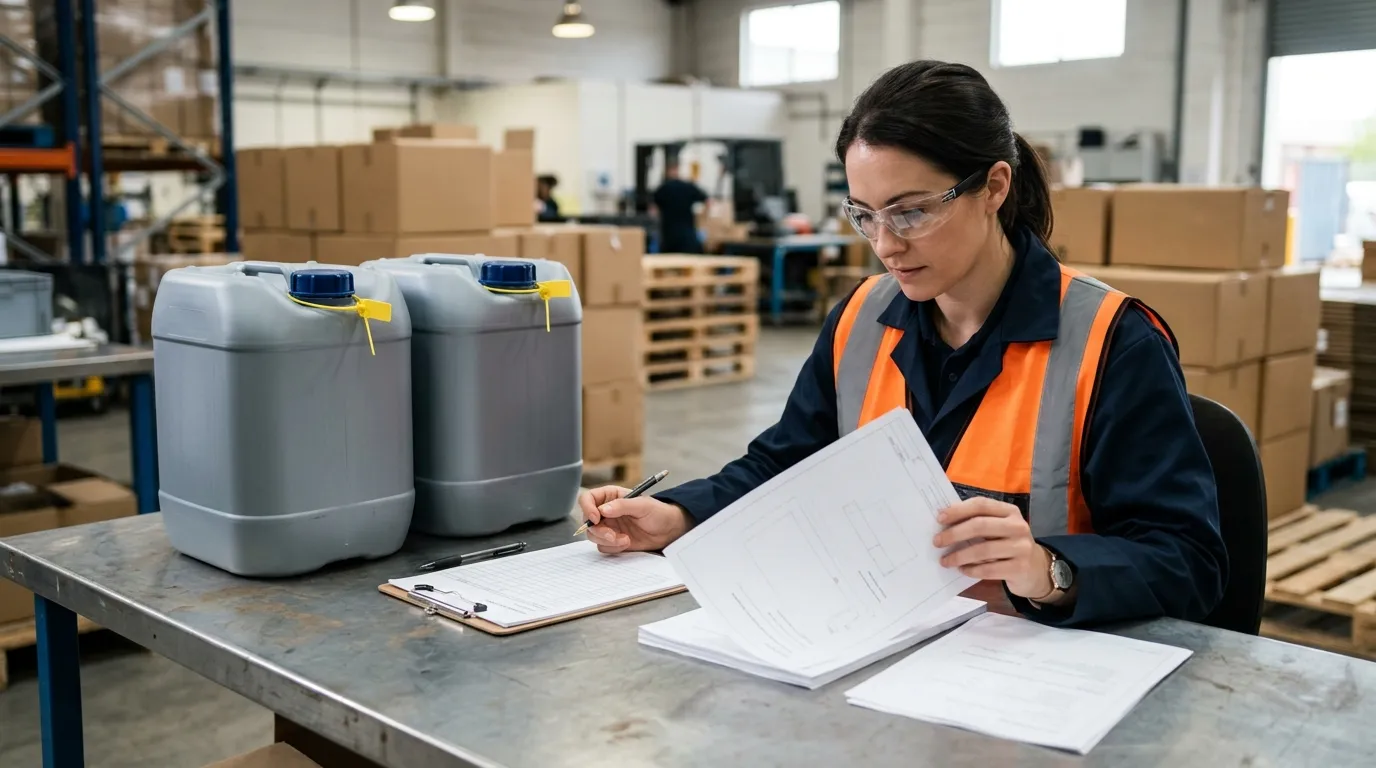 Technician reviewing generic documents beside sealed deicer sample containers