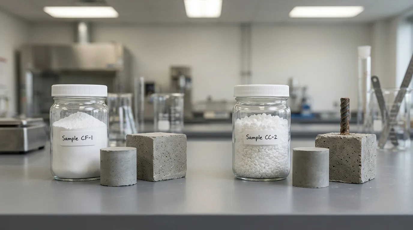 Unbranded chemical samples beside cement specimens and embedded reinforcing steel