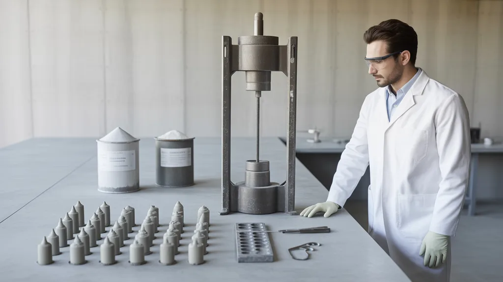 Technician evaluating cement specimens during setting and strength testing