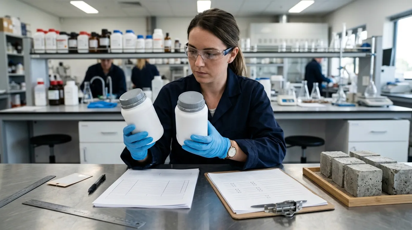 Technician reviewing unbranded chemical samples and generic quality-control documents beside cement specimens