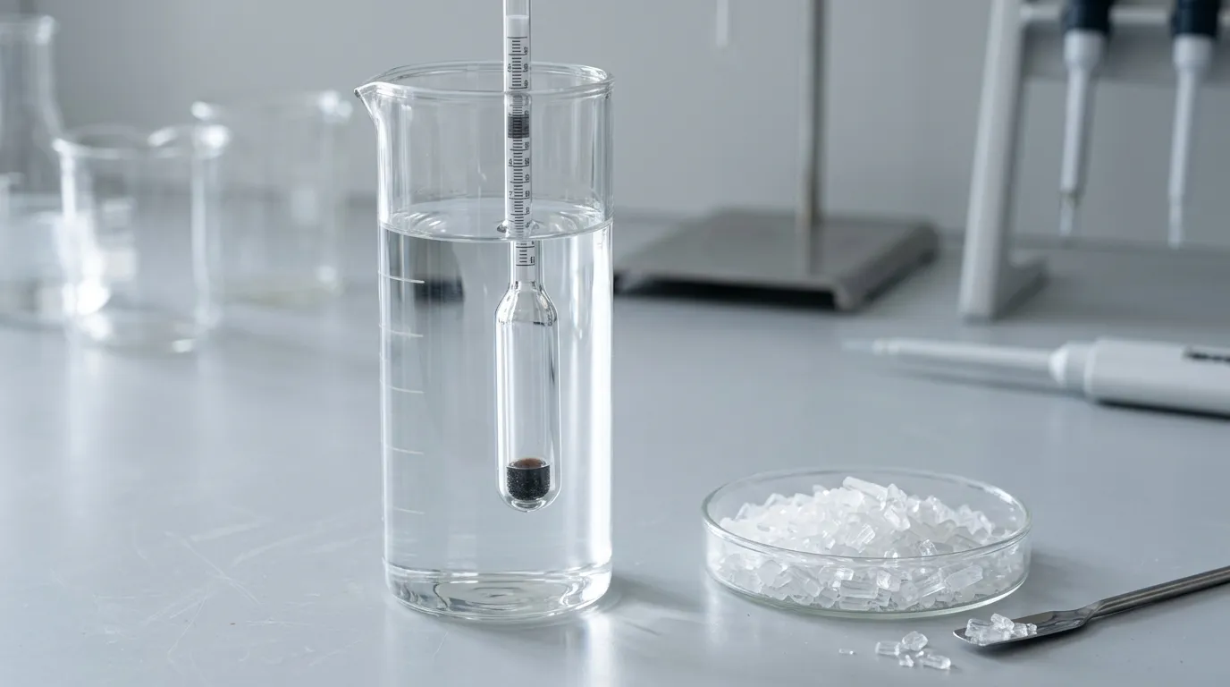 Clear sodium formate brine beside dry crystals and a density instrument