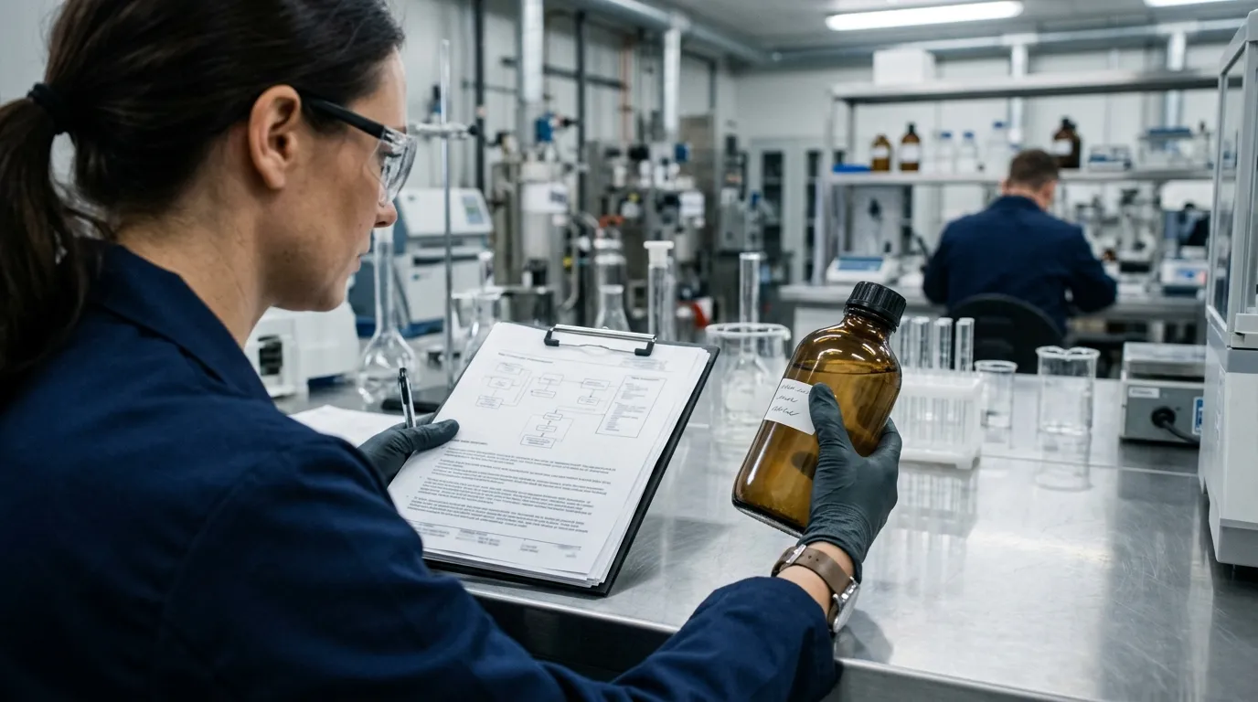 QA reviewer comparing a sealed brine sample with generic technical documents