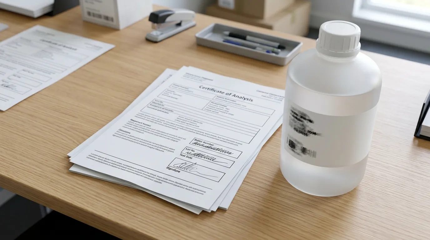 Generic COA beside an unbranded chemical container and receiving documents
