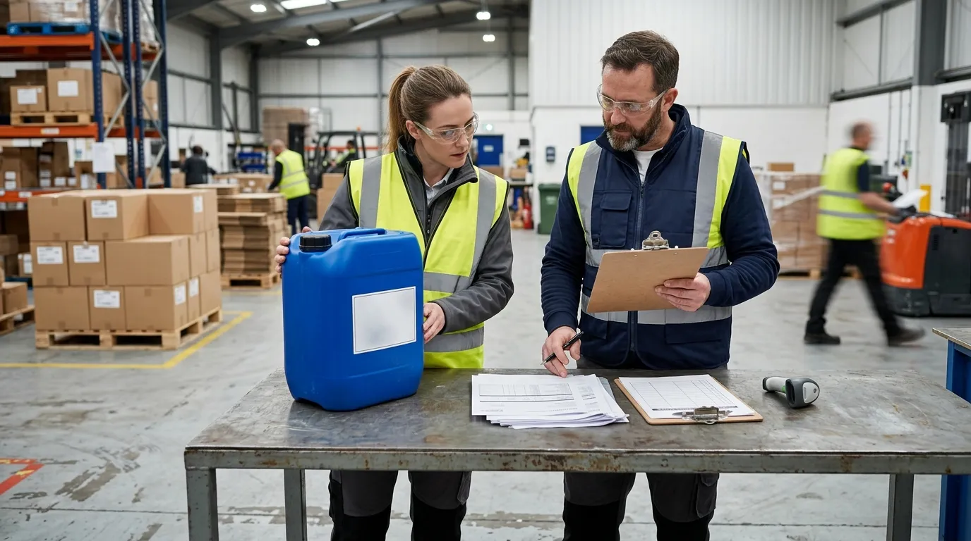 Receiving staff comparing an unbranded chemical container with shipment documents