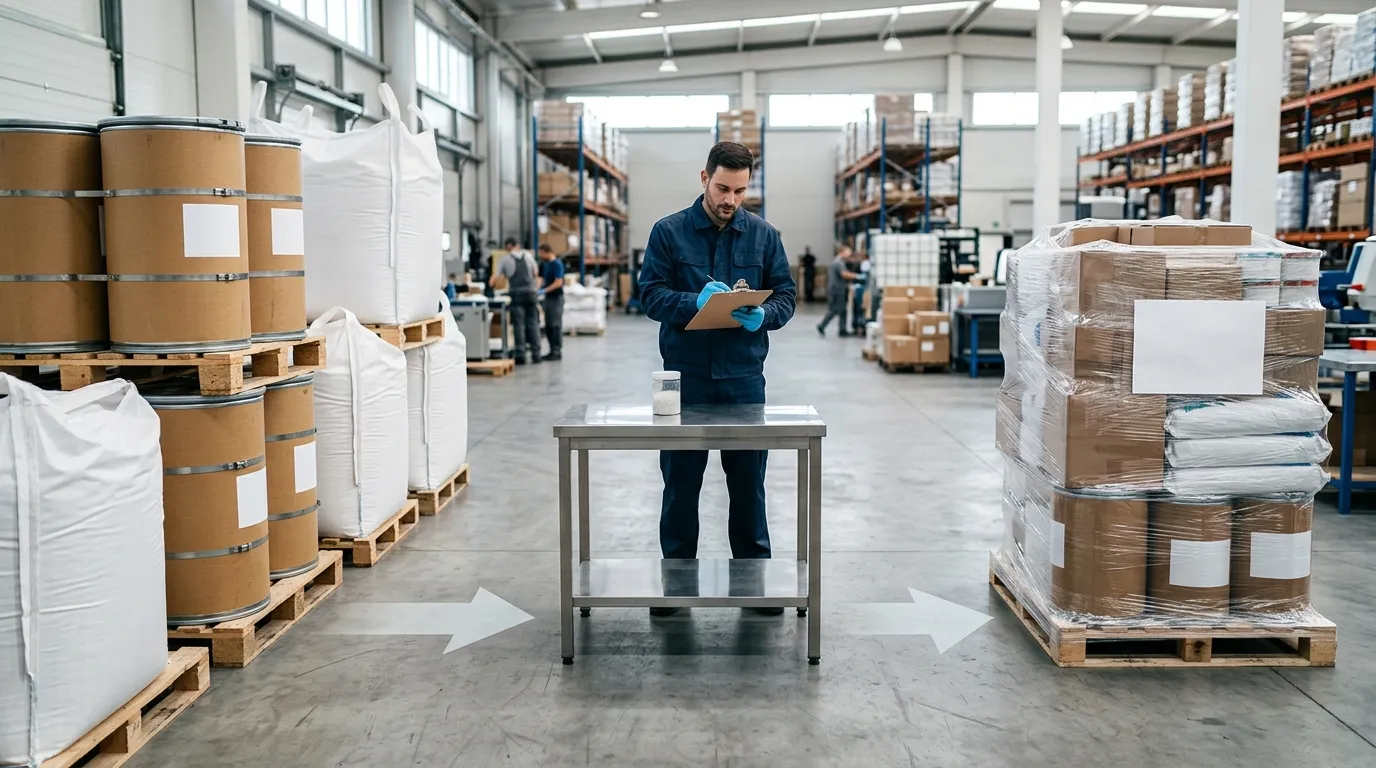 Chemical containers, inspection table with documents, and palletized shipment connected by arrows in a warehouse.