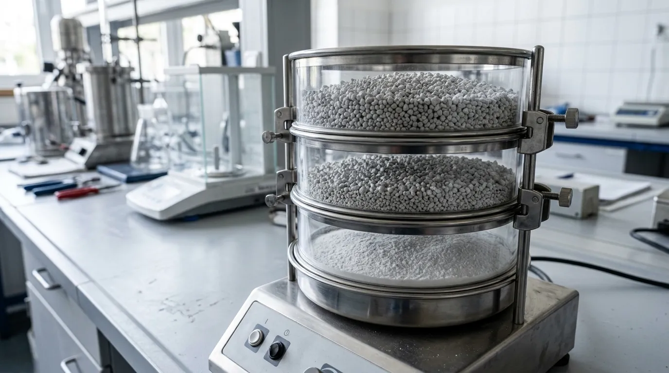 Dense soda ash granules separated into coarse, intermediate, and fine particle fractions