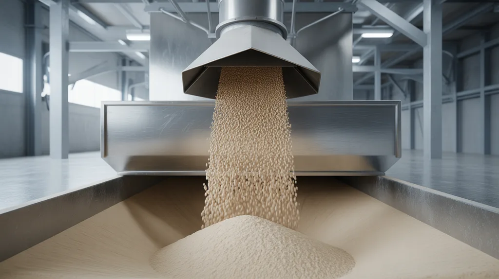 Dense soda ash granules moving through an enclosed transfer chute into a hopper