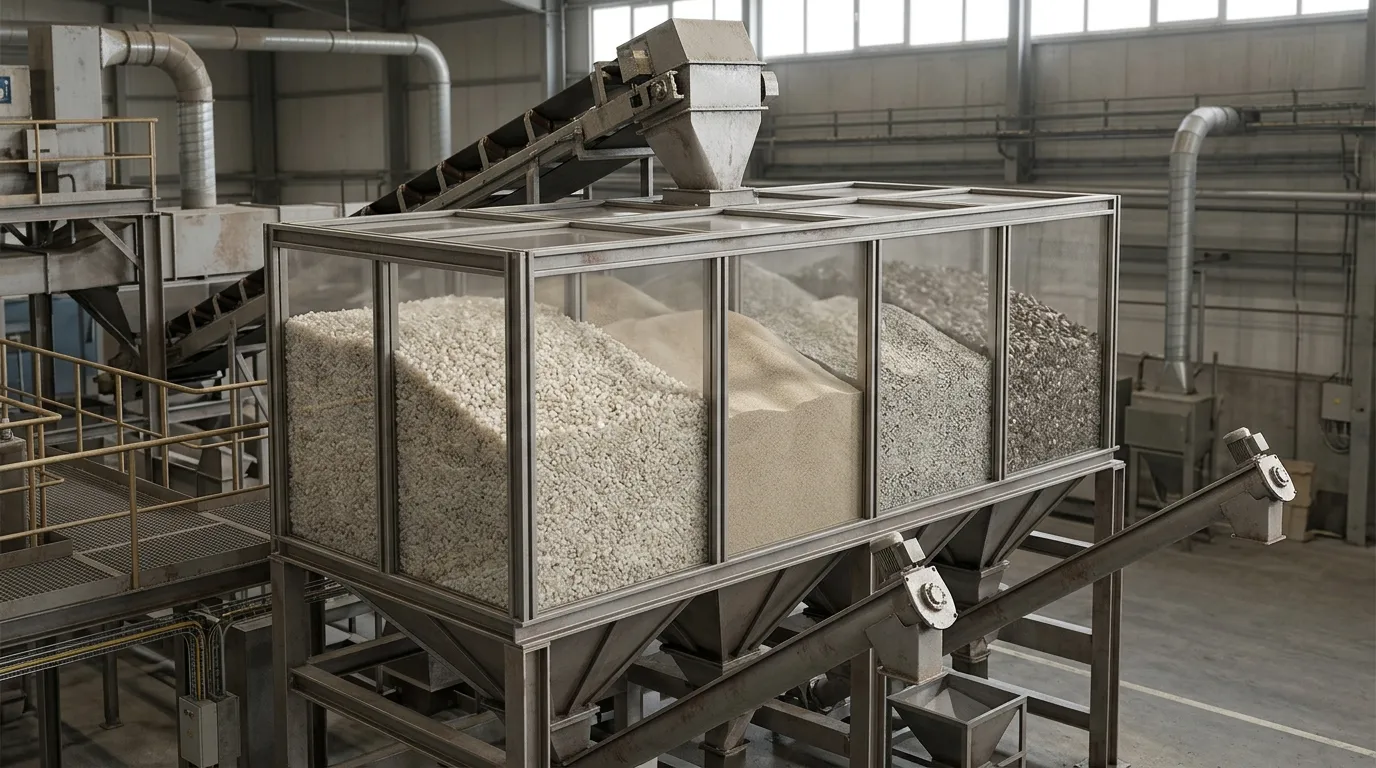 Dense sodium carbonate granules alongside other granular glass-batch materials in a sectional hopper