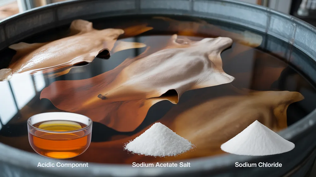 Unbranded leather-pickling vessel with hides and separate chemical samples