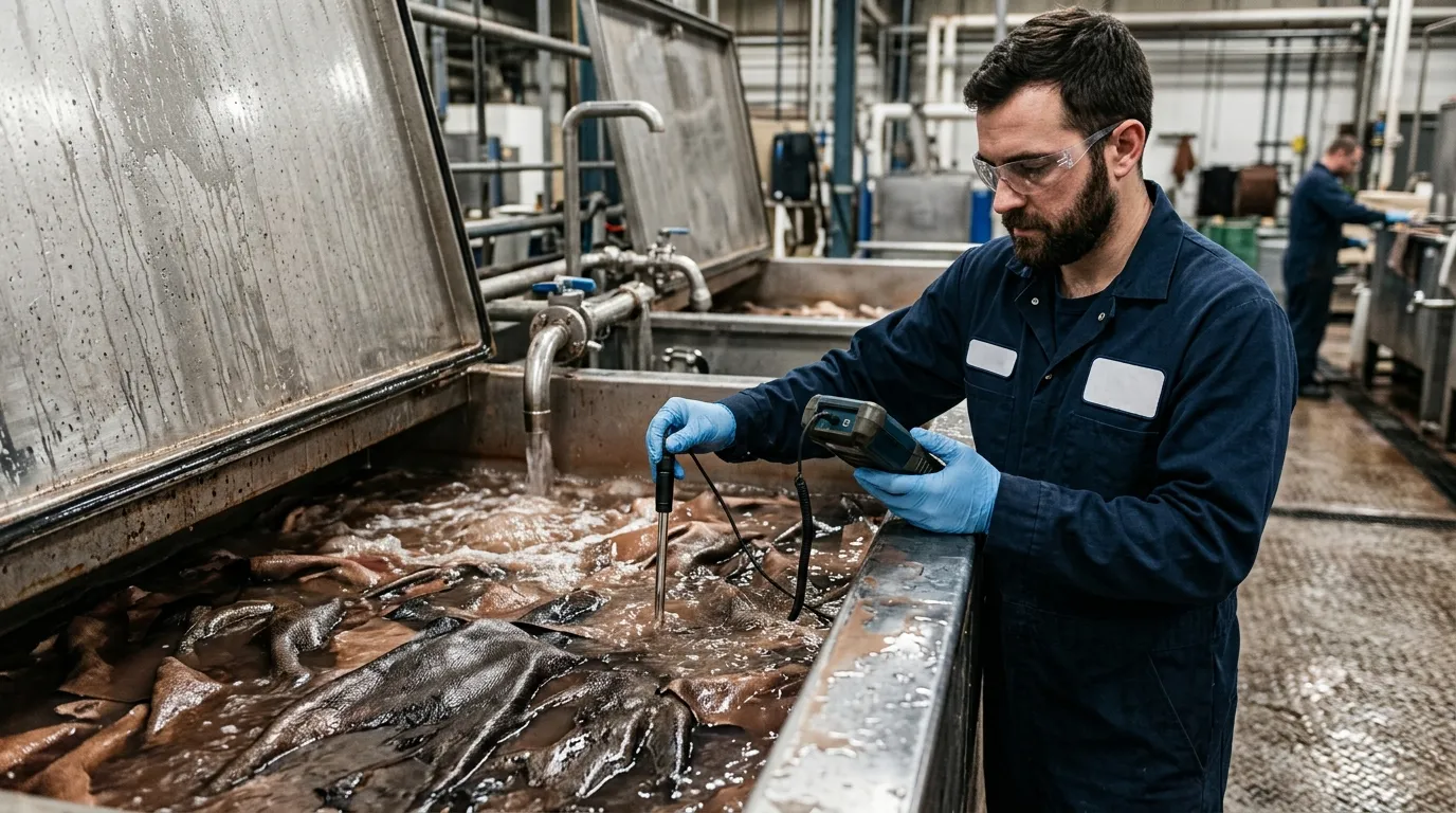 Technician checking pH in a leather-pickling vessel