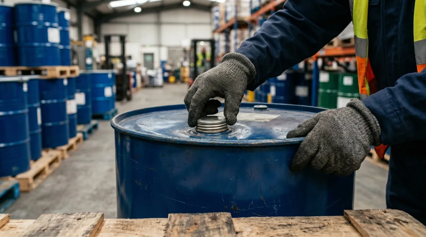 Gloved hands inspecting the sealed cap on a closed chemical drum.