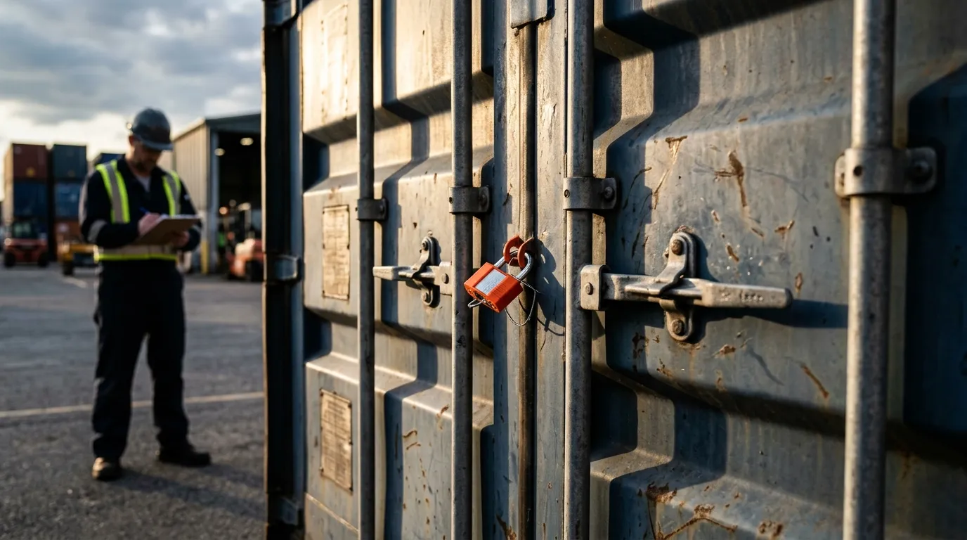 Closed container doors with a security seal connecting the locking hasps.