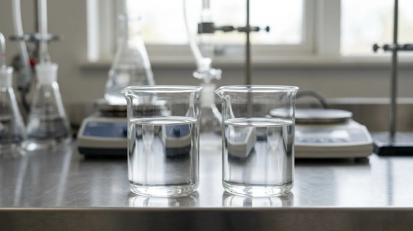 Two clear brine samples in unbranded vessels arranged side by side for comparison