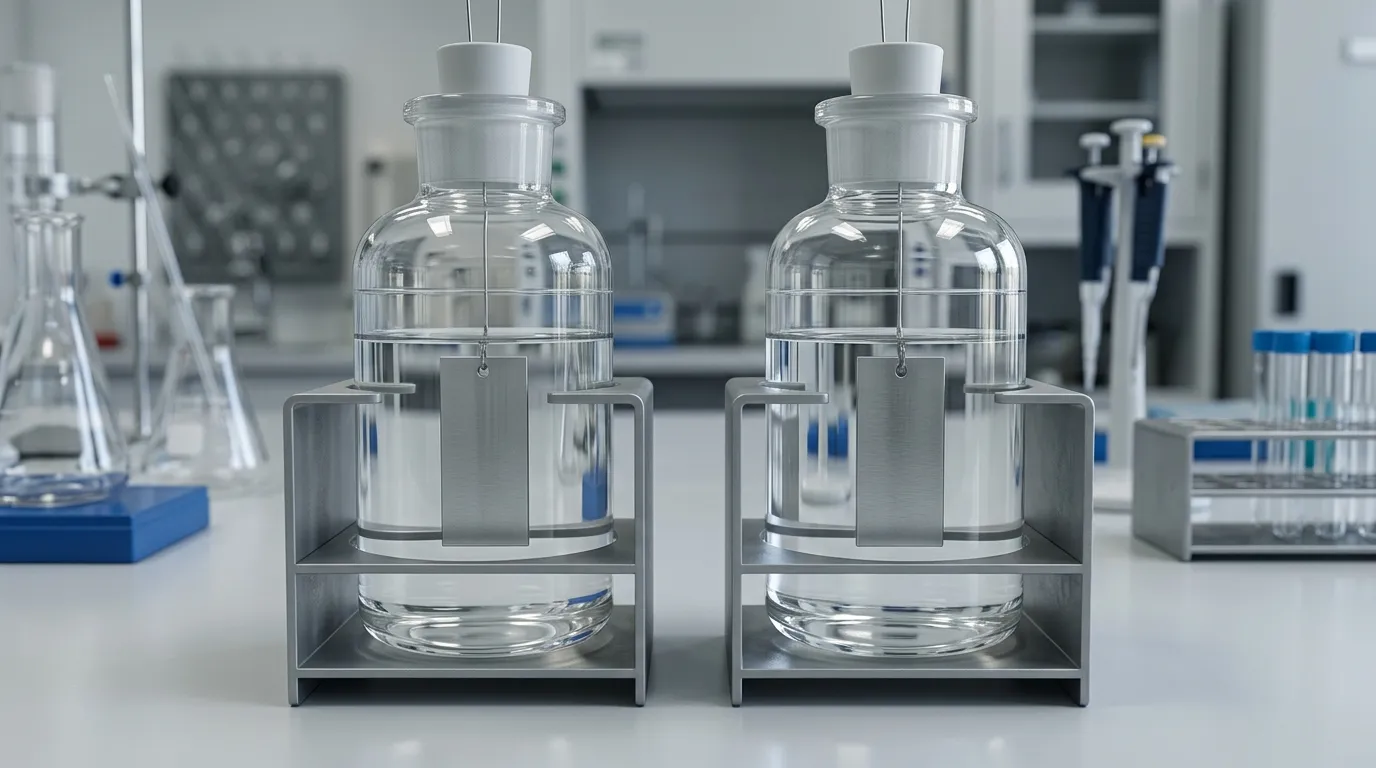 Paired metal coupons suspended in separate clear brine test vessels