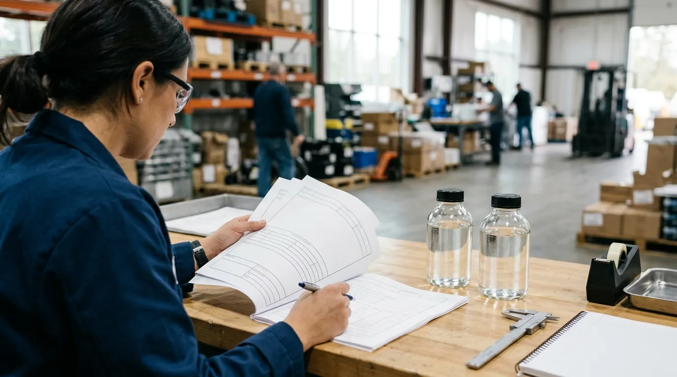 Unbranded brine samples and blank technical documents arranged for quality review