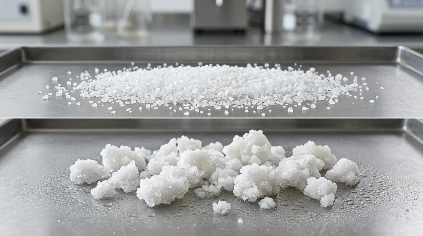 Free-flowing sodium formate particles beside moisture-related clumps