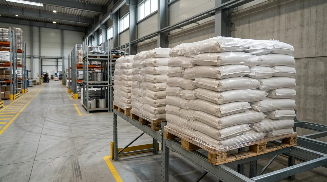 Sealed chemical containers stored on pallets above a clean warehouse floor
