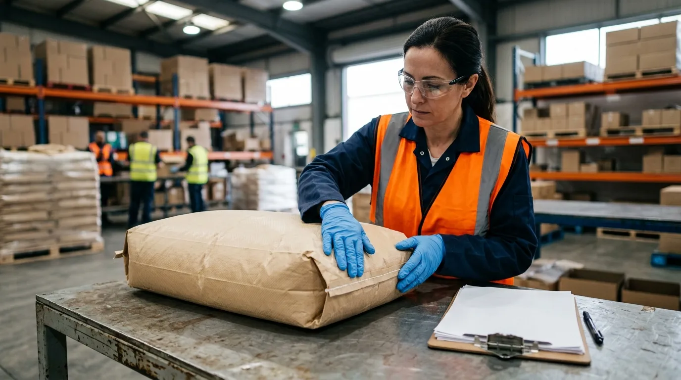 Warehouse inspector checking an unbranded chemical package during receiving inspection
