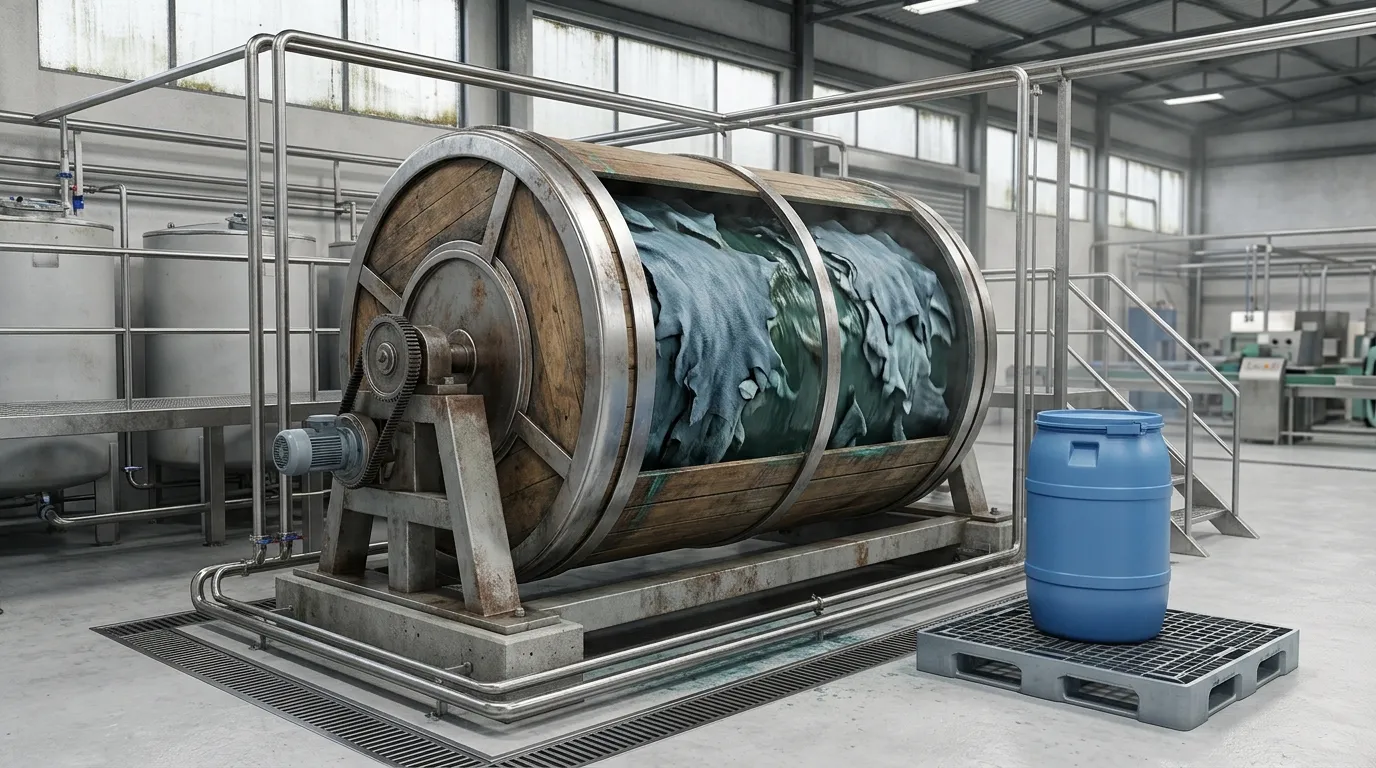 Unbranded chrome-tanning vessel with leather hides and a separate chemical container