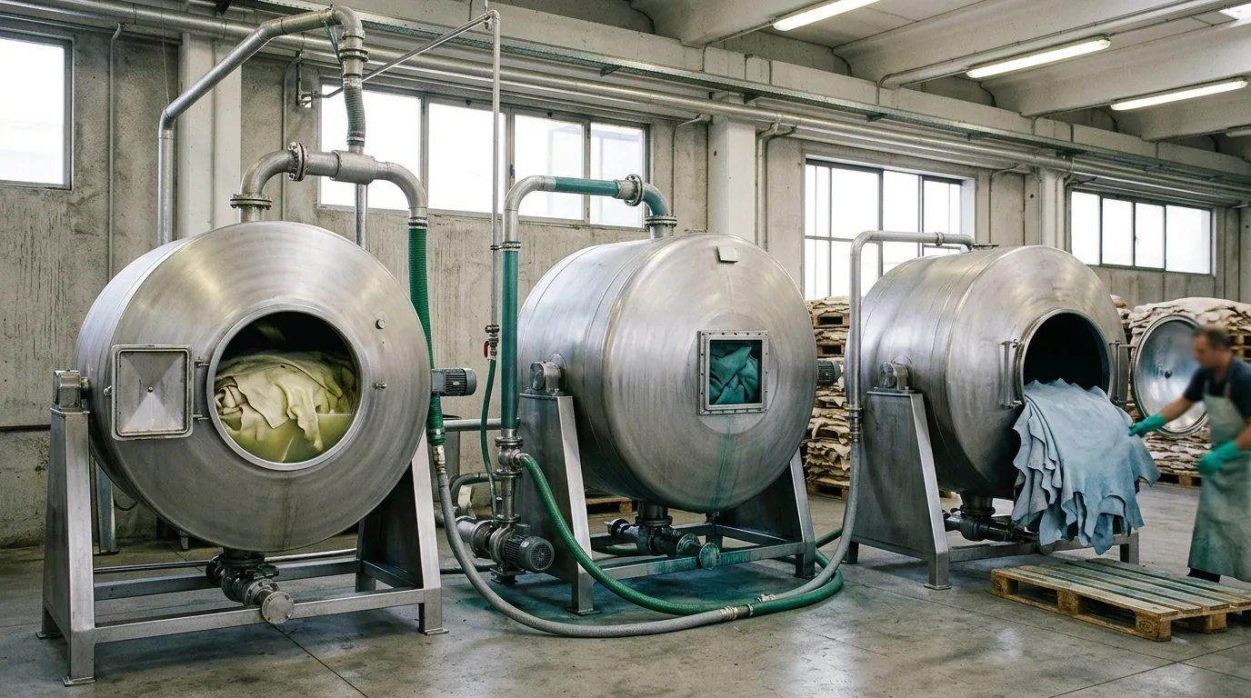 Three connected tanning vessels representing chromium introduction, chemical control, and basification