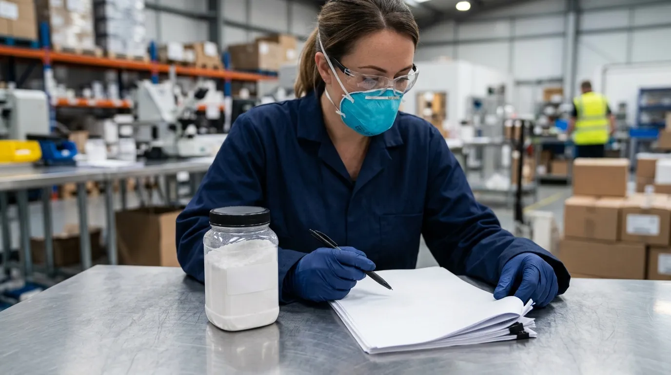 QA professional reviewing an unbranded chemical sample and blank technical documents