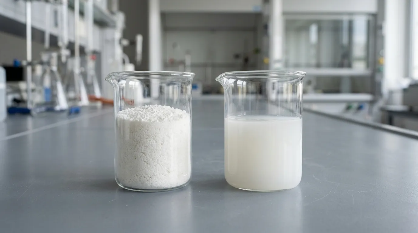 Unbranded polyacrylamide powder and liquid emulsion shown side by side