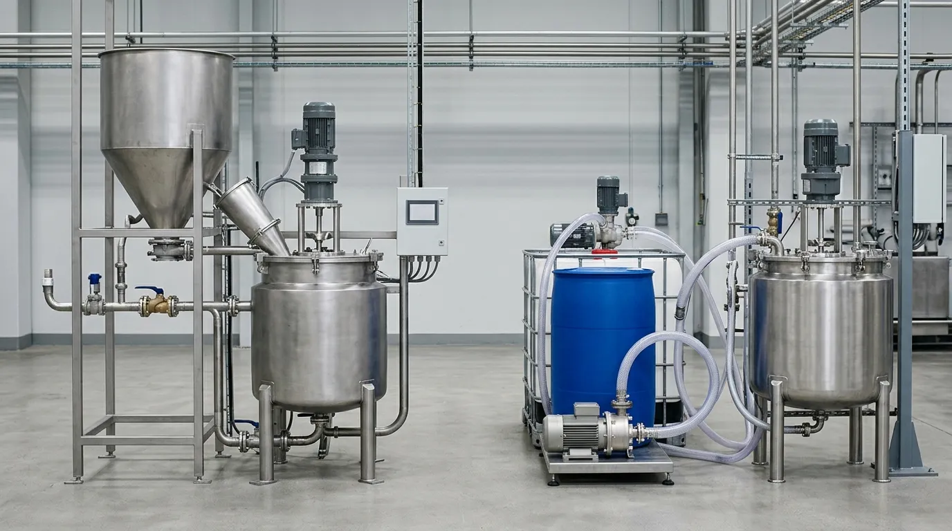 Separate dry-powder and liquid-emulsion polymer handling setups