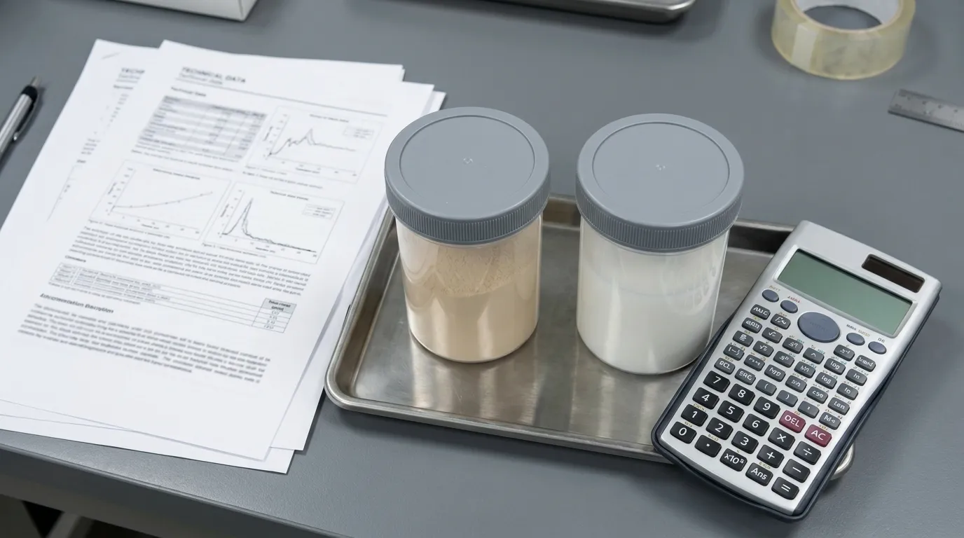 Unbranded powder and emulsion samples beside technical documents for review